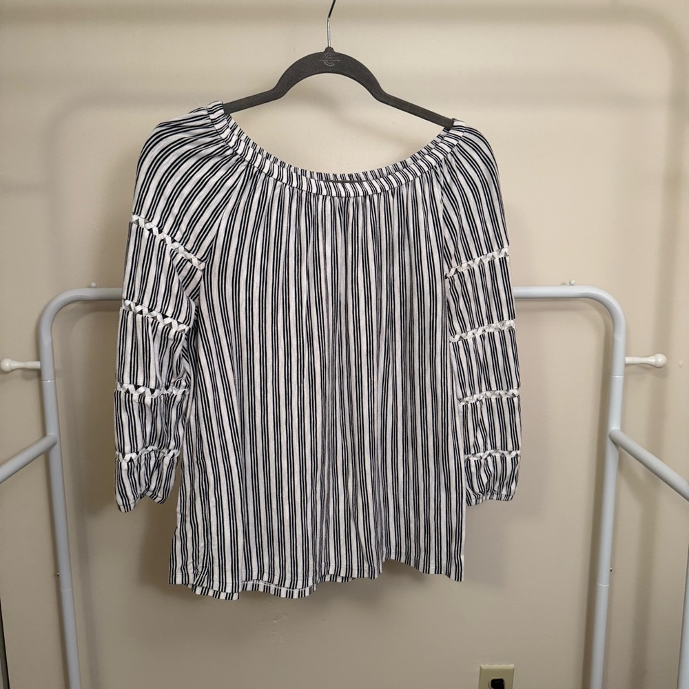 Talbots Black and White Relaxed Smocked Blouse